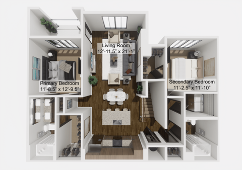 Floor plan for 2 beds, 2 baths, 1285 sqft